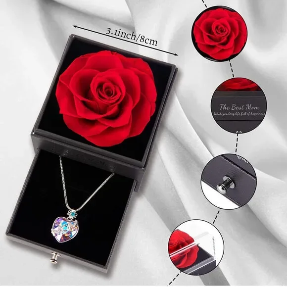 Mom Necklace + Preserved Eternal Red Rose+ Gift Box+Bag+Card Valentine’s Day NEW - Picture 3 of 9